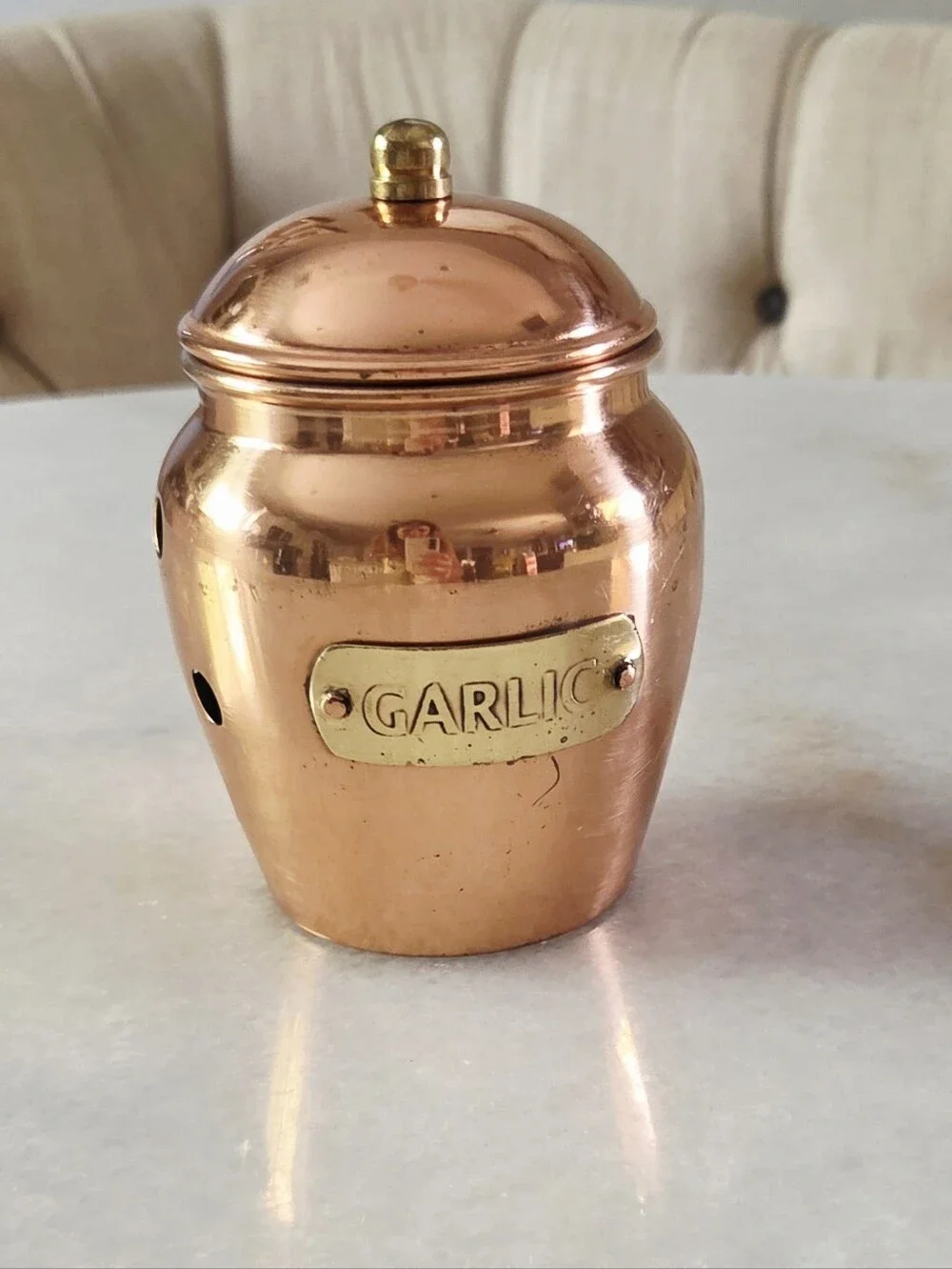 Vintage Copper Garlic Keeper Storage Jar + Lid, Brass Plaque, Ventilation Holes
